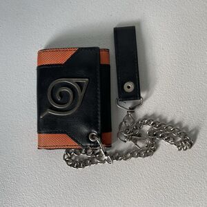 Naruto Logo Chain Wallet Black Orange Tri-Fold Card Slots 15" Chain, 3"x 4"